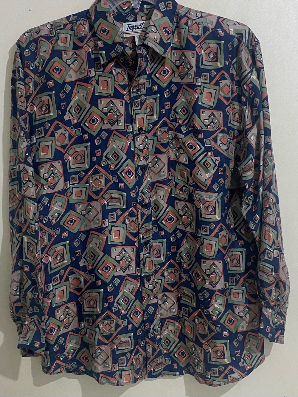 Impact 100%Silk Men's Navy Geometric Button-Up Shirt Pocket